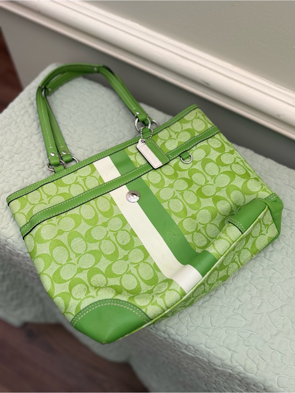 Coach Green Logo Stripe Tote with White Accent - Picture 2 of 11